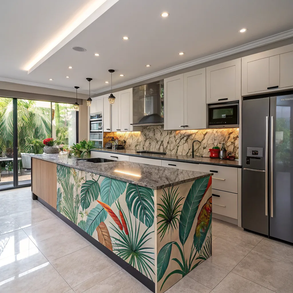 Custom tropical inspired kitchen design with modern cabinetry and island